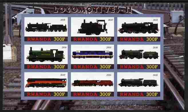 Rwanda 2010 Locomotives #2 imperf sheetlet containing 9 values unmounted mint