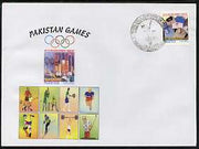 Pakistan 2004 commem cover for Pakistan Games with special illustrated cancellation for Third One Day International - Pakistan v India (cover shows Football, Tennis, Running, Skate-boarding, Skiing, weights & Golf)