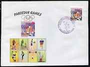 Pakistan 2004 commem cover for Pakistan Games with special illustrated cancellation for Fourth One Day International - Pakistan v India (cover shows Football, Tennis, Running, Skate-boarding, Skiing, weights & Golf)