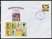 Pakistan 2004 commem cover for Pakistan Games with special illustrated cancellation for Fifth One Day International - Pakistan v India (cover shows Football, Tennis, Running, Skate-boarding, Skiing, weights & Golf)