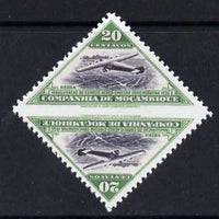Mozambique Company 1935 Armstrong Whitworth 20c triangular tete-beche pair imperf between 'unused','Maryland' forgery, as SG 264ab - the word Forgery is either handstamped or printed on the back and comes on a presentation card with descriptive notes