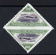 Mozambique Company 1935 Armstrong Whitworth 20c triangular tete-beche pair imperf between 'unused','Maryland' forgery, as SG 264ab - the word Forgery is either handstamped or printed on the back and comes on a presentation card with descriptive notes
