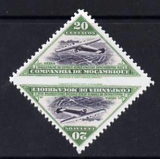 Mozambique Company 1935 Armstrong Whitworth 20c triangular tete-beche pair imperf between 'unused','Maryland' forgery, as SG 264ab - the word Forgery is either handstamped or printed on the back and comes on a presentation card with descriptive notes