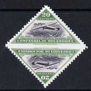 Mozambique Company 1935 Armstrong Whitworth 20c triangular tete-beche pair imperf between 'unused','Maryland' forgery, as SG 264ab - the word Forgery is either handstamped or printed on the back and comes on a presentation card with descriptive notes