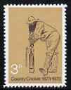 Great Britain 1973 County Cricket (W G Grace) 3p with gold (Queen's Head) omitted, a,'Maryland' perf 'unused' forgery, as SG 928a - the word Forgery is either handstamped or printed on the back and comes on a presentation card with descriptive notes