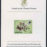 Lesotho 1984 Butterflies Orange Tip 3s imperf proof mounted on Format International proof card as SG 565