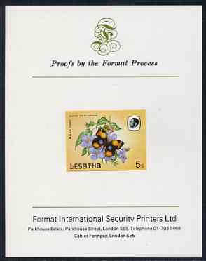 Lesotho 1984 Butterflies Yellow Pansy 5s imperf proof mounted on Format International proof card as SG 567