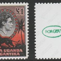Kenya, Uganda & Tanganyika 1938-54 KG6 Lion £1,'Maryland' perf forgery 'unused', as SG 150 - the word Forgery is either handstamped or printed on the back and comes on a presentation card with descriptive notes