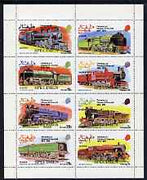 Dhufar 1974 Churchill Birth Centenary (Locomotives) perf set of 8 values overprinted SPECIMEN (1b to 25b) unmounted mint
