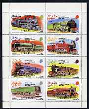 Dhufar 1974 Churchill Birth Centenary (Locomotives) perf set of 8 values overprinted SPECIMEN (1b to 25b) unmounted mint