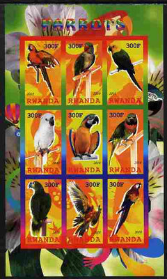 Rwanda 2010 Parrots imperf sheetlet containing 9 values unmounted mint
