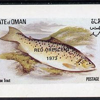 Oman 1973 Fish (Gilleroo Trout) opt'd Red Crescent imperf souvenir sheet (50b value) unmounted mint