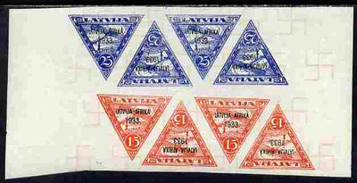Latvia 1933 Riga to Bathurst Flight overprint on 25s blue x 4 and 15s red x 4 forgery on gummed paper with printed watermark, as SG 236-7