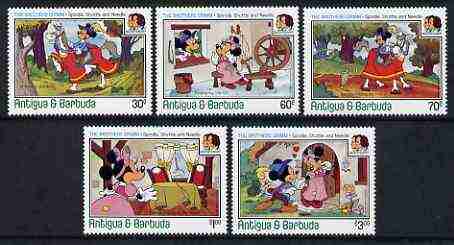 Antigua 1985 Birth Bicent of Grimm Brothers set of 5 showing Disney cartoon characters in scenes from 'Spindle, Shuttle & Needle' unmounted mint, SG 975-79