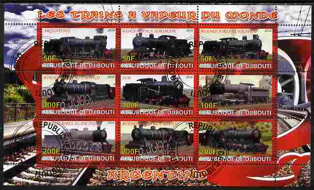 Djibouti 2010 Steam Locos of the World - Argentina perf sheetlet containing 9 values fine cto used