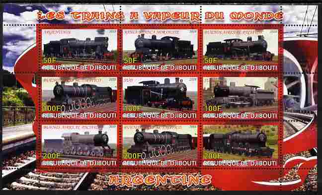 Djibouti 2010 Steam Locos of the World - Argentina perf sheetlet containing 9 values unmounted mint