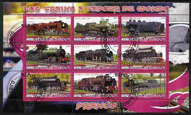 Djibouti 2010 Steam Locos of the World - France perf sheetlet containing 9 values fine cto used