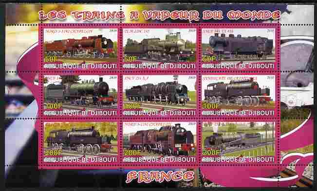 Djibouti 2010 Steam Locos of the World - France perf sheetlet containing 9 values unmounted mint