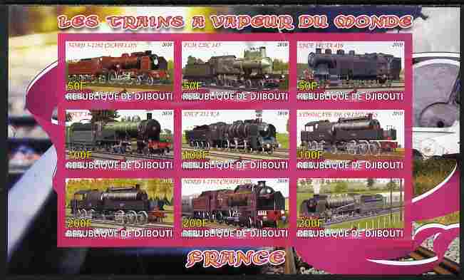 Djibouti 2010 Steam Locos of the World - France imperf sheetlet containing 9 values unmounted mint