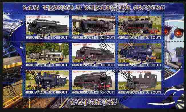 Djibouti 2010 Steam Locos of the World - Spain perf sheetlet containing 9 values fine cto used
