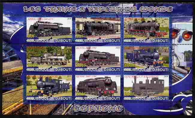 Djibouti 2010 Steam Locos of the World - Spain perf sheetlet containing 9 values unmounted mint