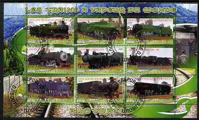 Djibouti 2010 Steam Locos of the World - Australia perf sheetlet containing 9 values fine cto used