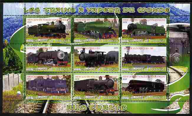 Djibouti 2010 Steam Locos of the World - Australia perf sheetlet containing 9 values unmounted mint