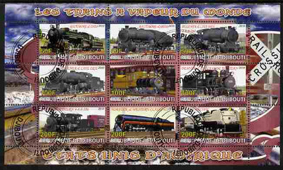 Djibouti 2010 Steam Locos of the World - USA perf sheetlet containing 9 values fine cto used