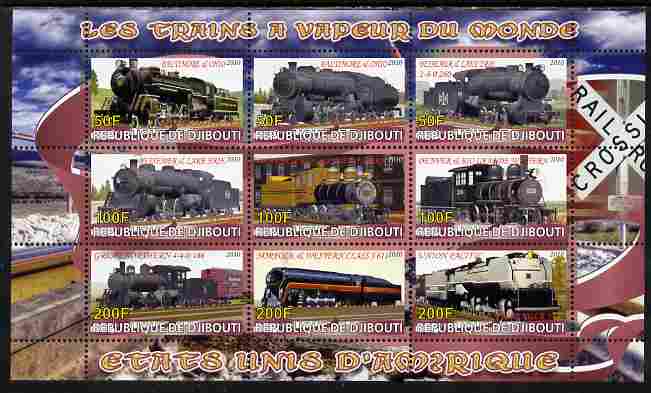 Djibouti 2010 Steam Locos of the World - USA perf sheetlet containing 9 values unmounted mint