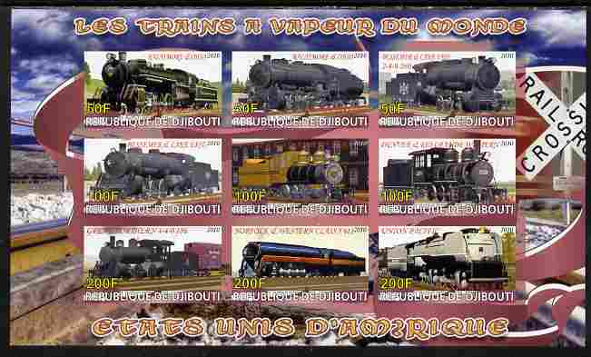 Djibouti 2010 Steam Locos of the World - USA imperf sheetlet containing 9 values unmounted mint