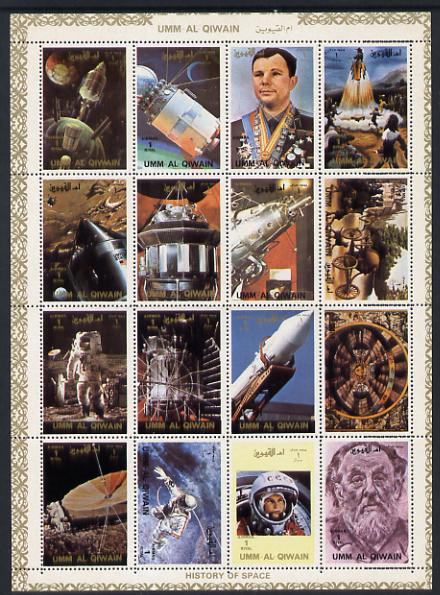 Umm Al Qiwain 1972 History of Space #1 sheetlet containing 16 values unmounted mint (Mi 1066-81A)