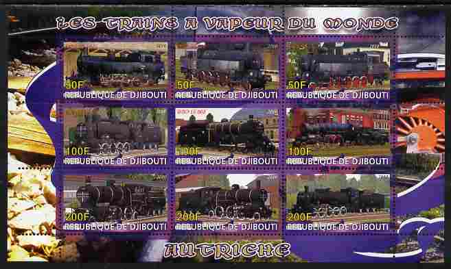 Djibouti 2010 Steam Locos of the World - Austria perf sheetlet containing 9 values unmounted mint