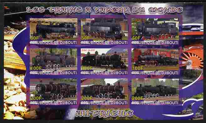 Djibouti 2010 Steam Locos of the World - Austria imperf sheetlet containing 9 values unmounted mint