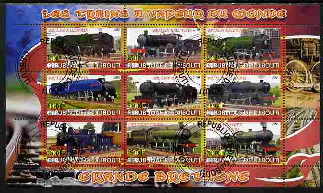 Djibouti 2010 Steam Locos of the World - Great Britain perf sheetlet containing 9 values fine cto used