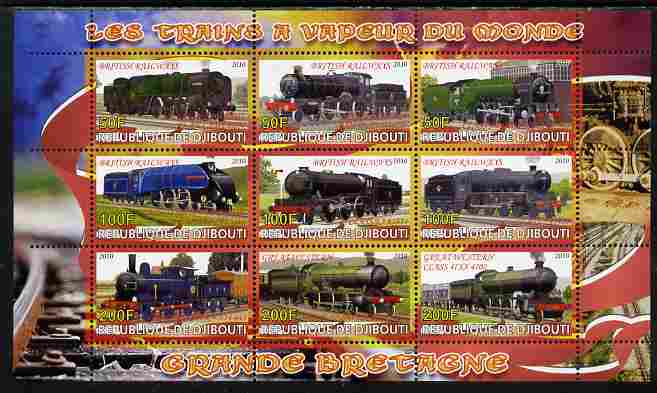 Djibouti 2010 Steam Locos of the World - Great Britain perf sheetlet containing 9 values unmounted mint