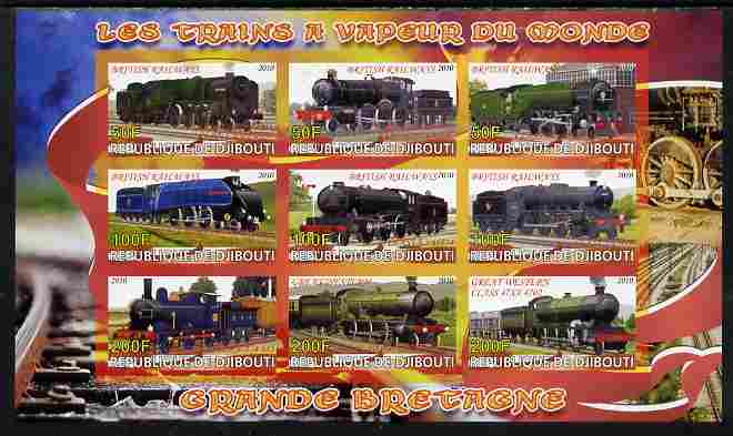 Djibouti 2010 Steam Locos of the World - Great Britain imperf sheetlet containing 9 values unmounted mint