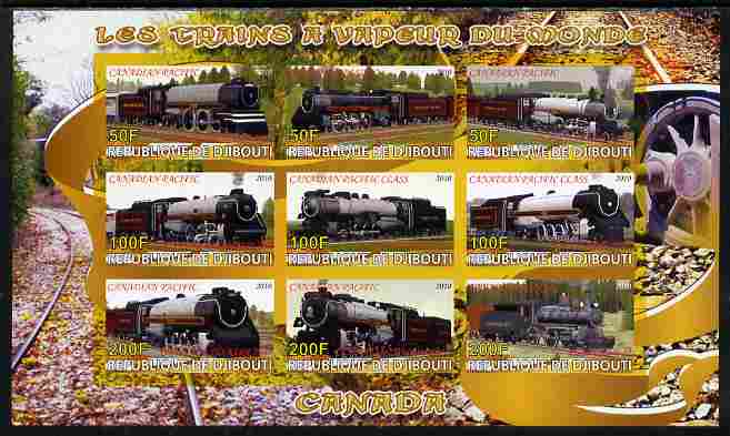 Djibouti 2010 Steam Locos of the World - Canada imperf sheetlet containing 9 values unmounted mint