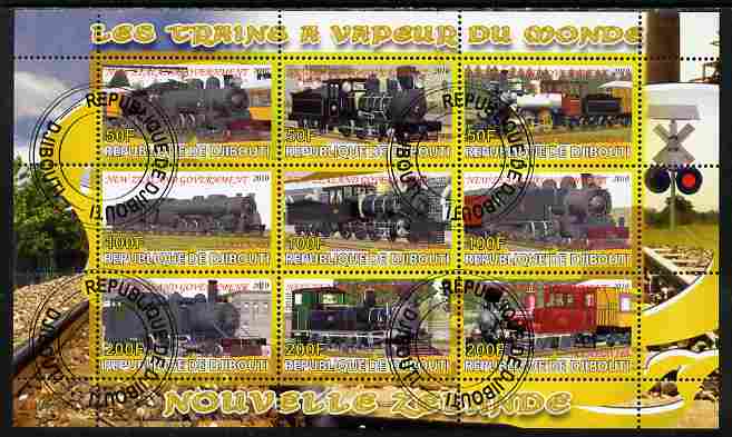 Djibouti 2010 Steam Locos of the World - New Zealand perf sheetlet containing 9 values fine cto used