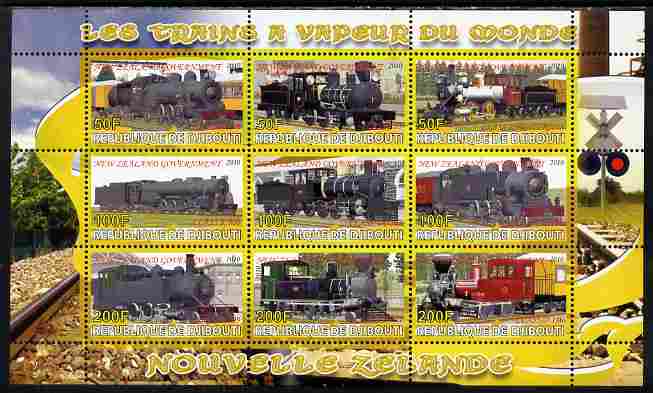 Djibouti 2010 Steam Locos of the World - New Zealand perf sheetlet containing 9 values unmounted mint