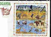Uganda 1989 Wildlife at Waterhole composite perf sheet containing set of 20 values on cover with first day cancels, SG 715a