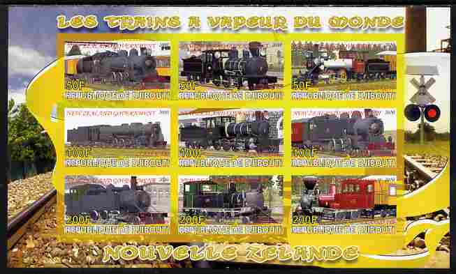 Djibouti 2010 Steam Locos of the World - New Zealand imperf sheetlet containing 9 values unmounted mint