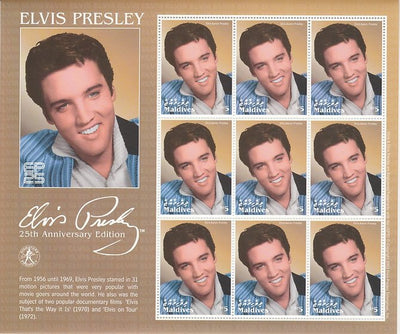 Maldive Islands 2017 Elvis Presley 25th Anniv edition perf sheetlet containing 9 values unmounted mint. Note this item is privately produced and is offered purely on its thematic appeal
