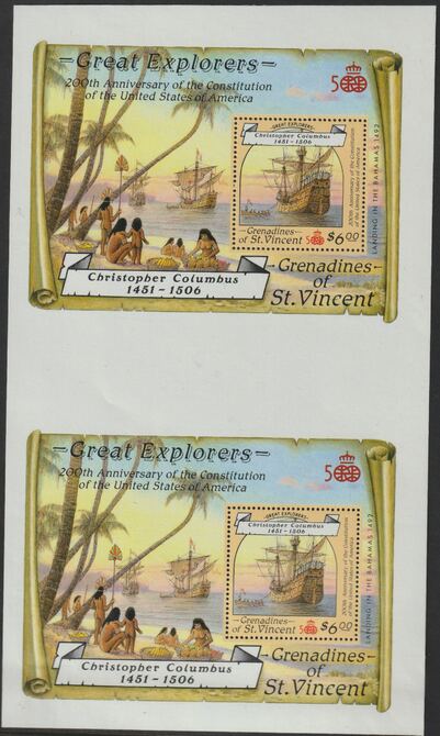 St Vincent - Grenadines 1988 Explorers the unissued $6 m/sheet (Santa Maria) vertical pair from uncut perforated press sheet, unmounted mint but minor wrikles (only 20 pairs believed to exist).