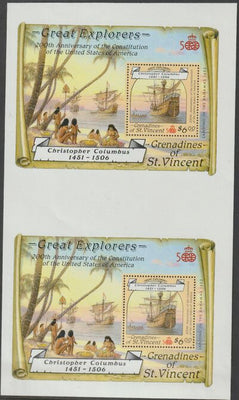 St Vincent - Grenadines 1988 Explorers the unissued $6 m/sheet (Santa Maria) vertical pair from uncut perforated press sheet, unmounted mint but minor wrikles (only 20 pairs believed to exist).