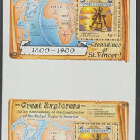 St Vincent - Grenadines 1988 Explorers $5 m/sheet (Sextant & Map) vertical pair from uncut perforated press sheet, unmounted mint but minor wrikles (only 20 pairs believed to exist).