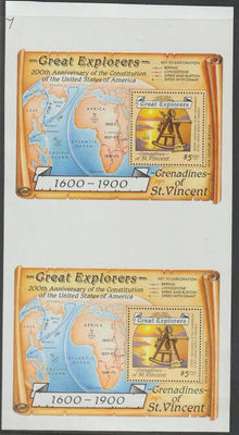 St Vincent - Grenadines 1988 Explorers $5 m/sheet (Sextant & Map) vertical pair from uncut perforated press sheet, unmounted mint but minor wrikles (only 20 pairs believed to exist).
