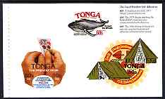Tonga 1994 25th Anniversary of Self-Adhesive stamps booklet pane of 3 stamps showing Peeling s/a stamp, Protect the Whales, Scouts & Rotary, unmounted mint, SG 1282a