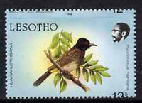 Lesotho 1988 Birds 12s Red-Eyed Bulbul with superb 2mm misplacement of horiz perfs showing date at top, unmounted mint, SG 795var