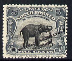North Borneo 1909 Elephant 5c Printers sample in grey black opt'd 'Waterlow & Sons Specimen' with small security punch hole (as SG 165) without gum as issued