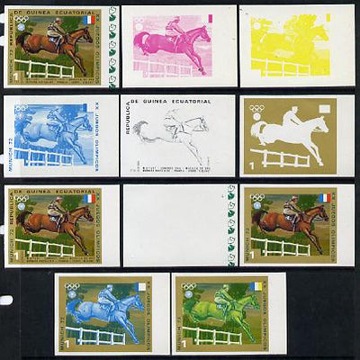 Equatorial Guinea 1972 Munich Olympics (5th series) 3-Day Eventing 1pt (Chevallier on Aiglone) set of 11 imperf progressive proofs comprising the 6 individual colours plus composites of 2, 3, 4, 5 and all 6 colours, a superb group……Details Below